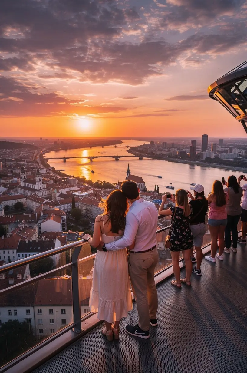 Nočný pohľad na osvetlené historické budovy a promenádu s turistami a domácimi obyvateľmi.